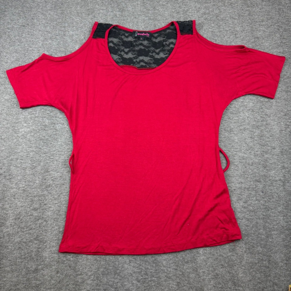 Annabelle Cold Shoulder Top Womens Large Red Black‎ Lace Scoop Neck AA375